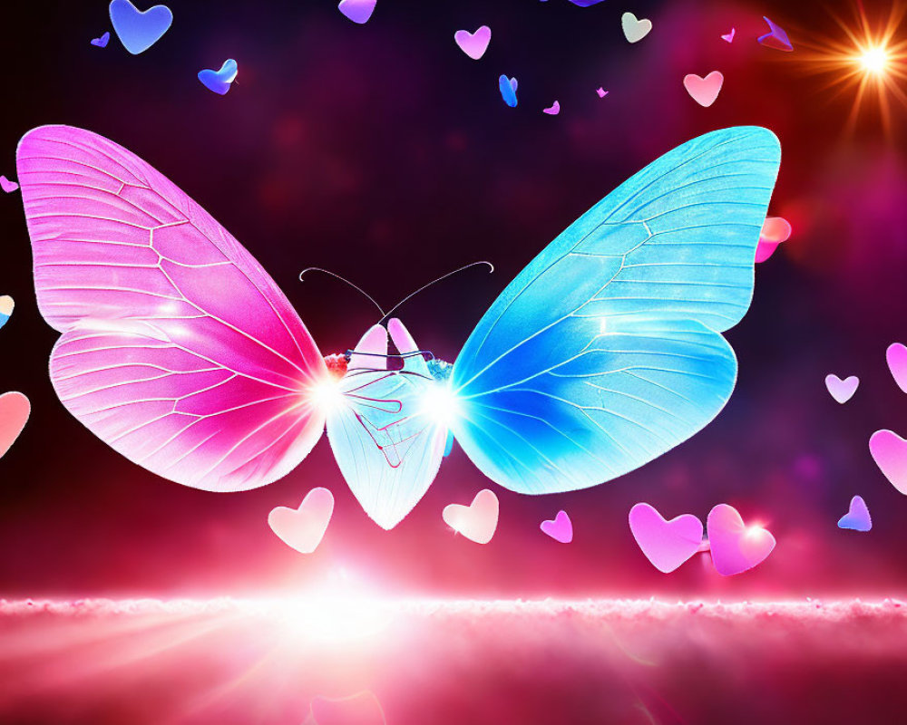 Colorful butterfly digital art with hearts on starry background