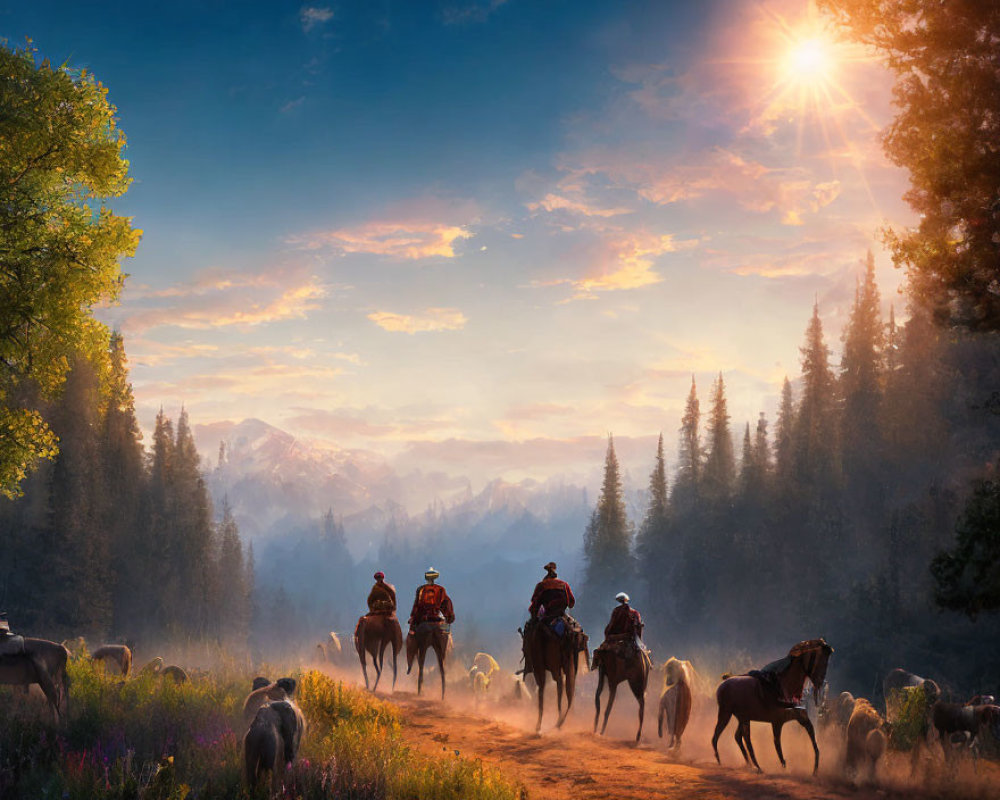 Cowboys herding cattle on dusty trail in sunlit forest with mountains.