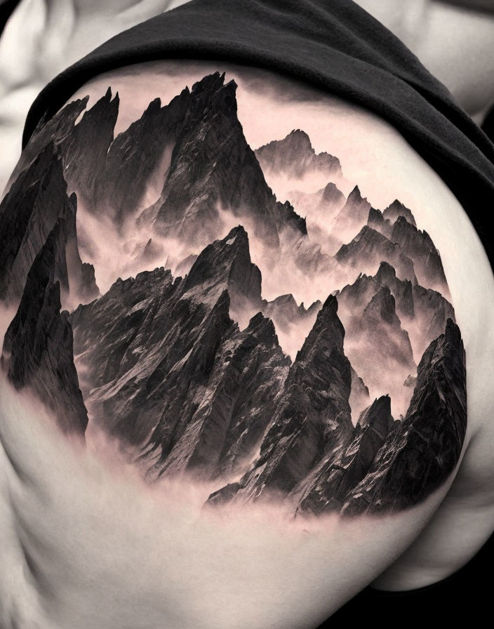 Detailed Mountain Range Tattoo on Curved Body: Illusion of Dimension with Peaks and Shadows