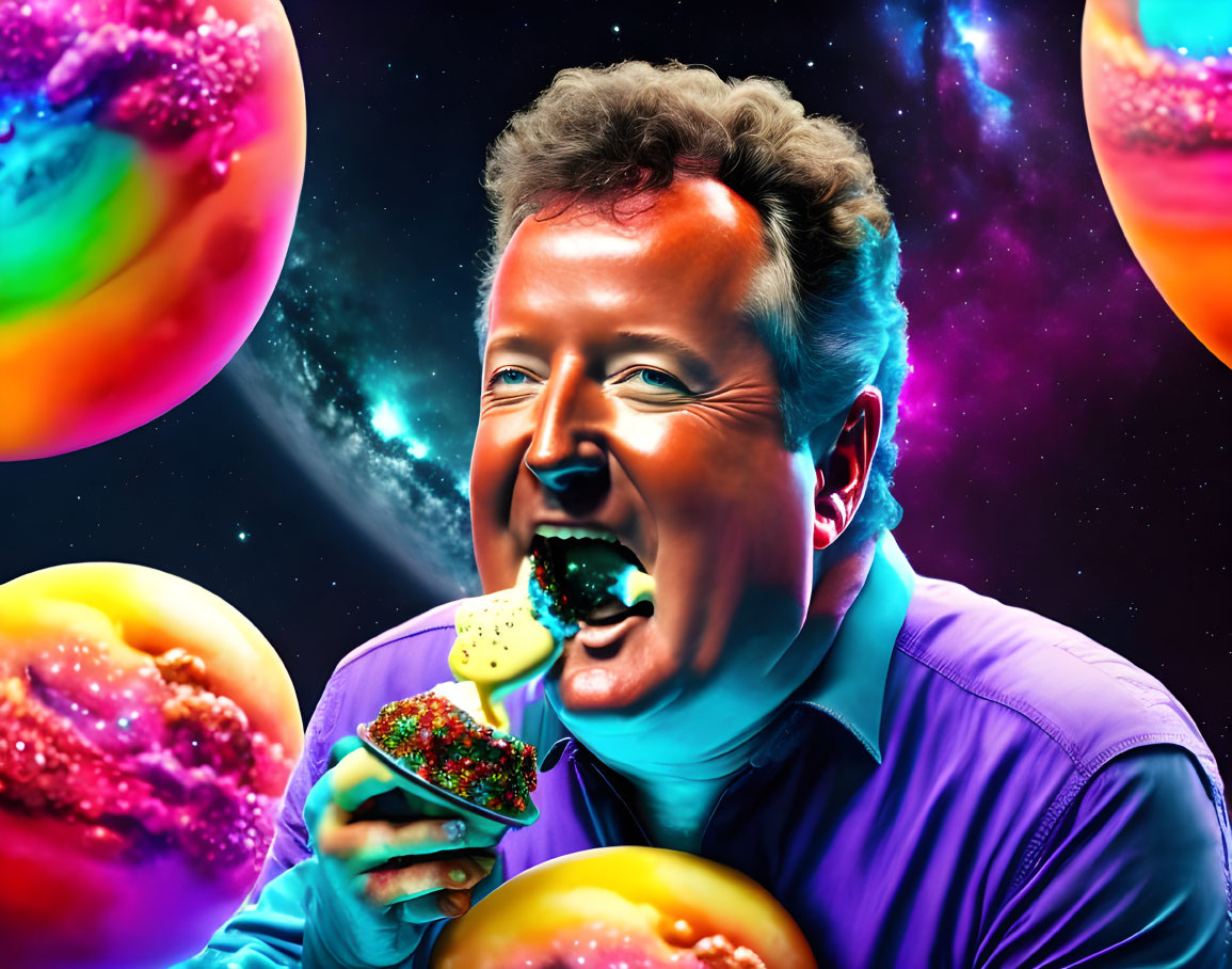 Colorful portrait of man eating cake pop with cosmic donuts and space backdrop