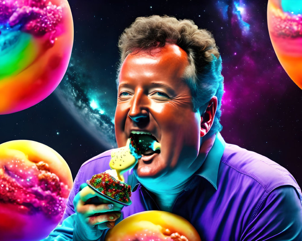 Colorful portrait of man eating cake pop with cosmic donuts and space backdrop