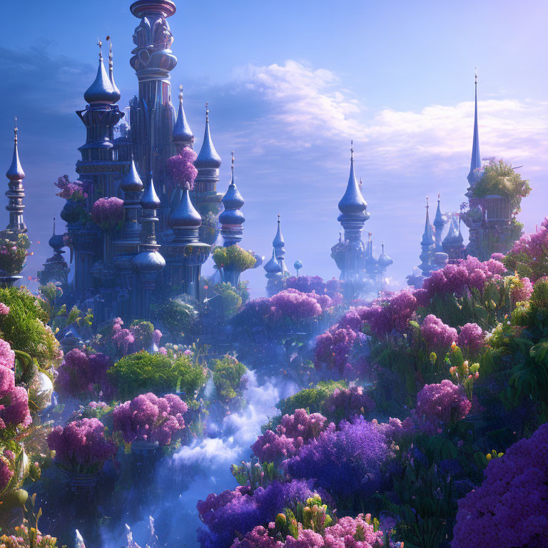 Fantastical landscape with majestic castle, purple flora, and magical mist.