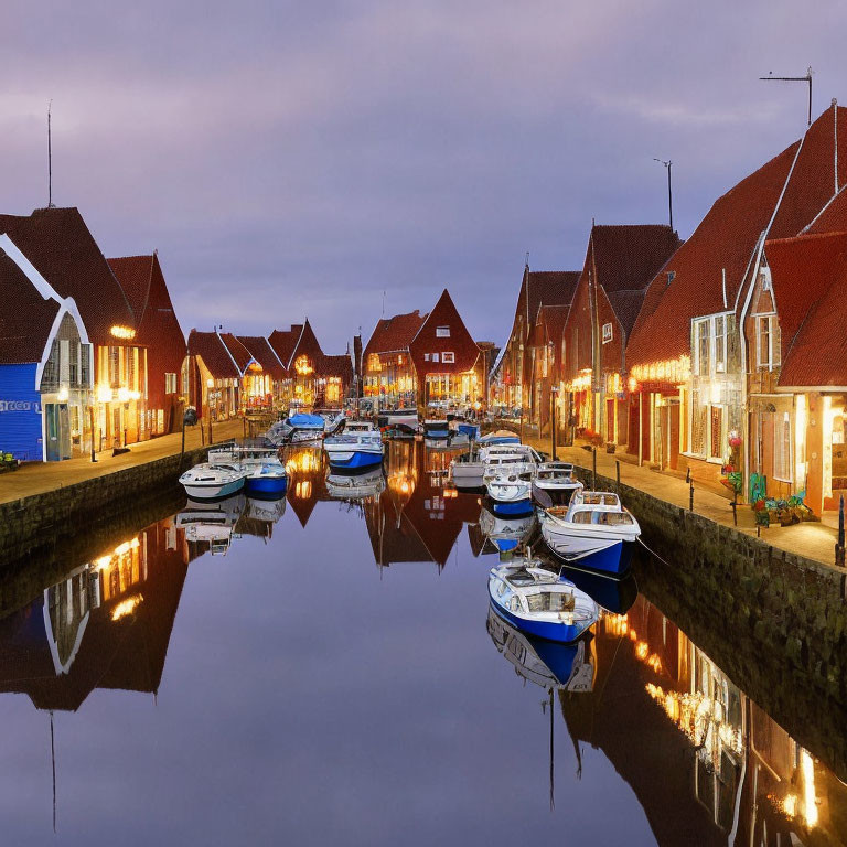 Calm Canal at Twilight with Red-Roofed Buildings and Boats