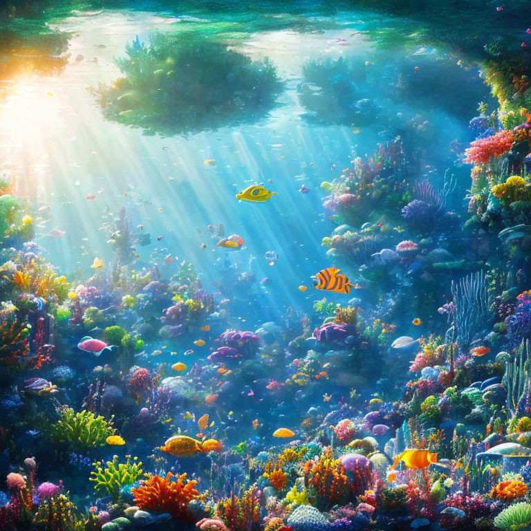 Vibrant coral reef with yellow and striped fish in sunlight