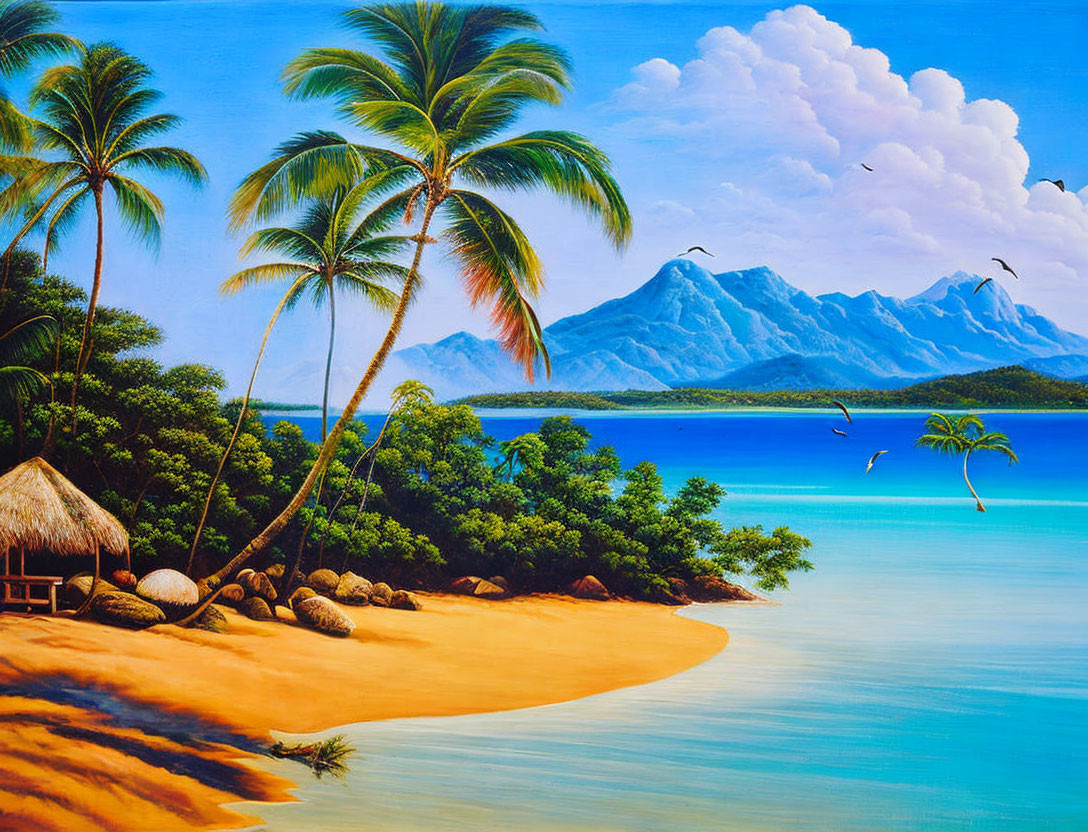 Scenic tropical beach painting with palm trees, thatched hut, clear blue water, sandy shore,