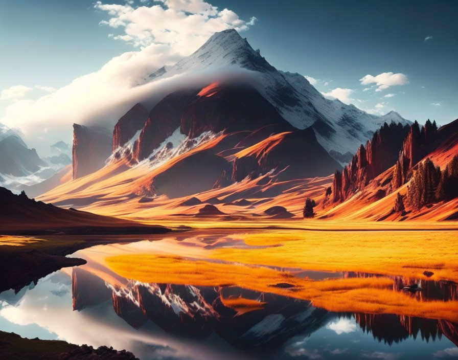 Snow-capped mountain reflected in serene lake amidst golden grass and cliffs