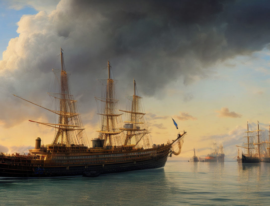 Tall Ships in Serene Harbor Under Dramatic Sky