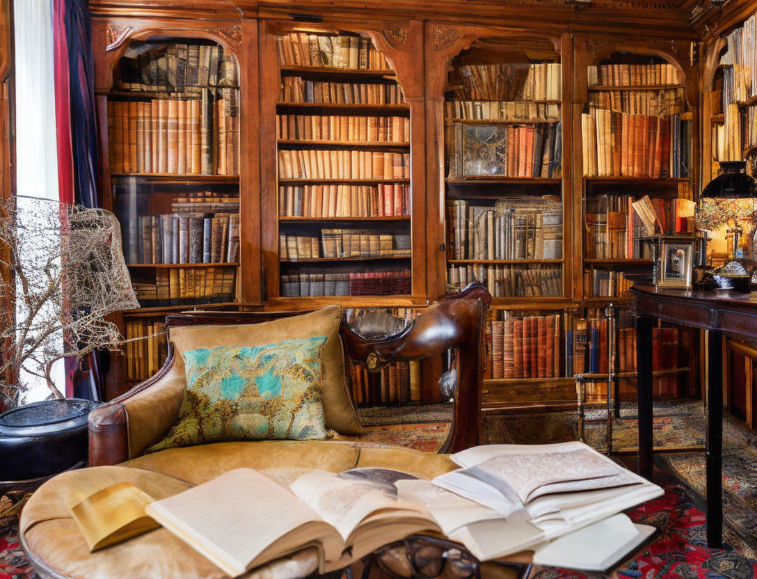 Vintage Library with Wooden Bookshelves, Open Book, Leather Armchair, and Warm Lighting