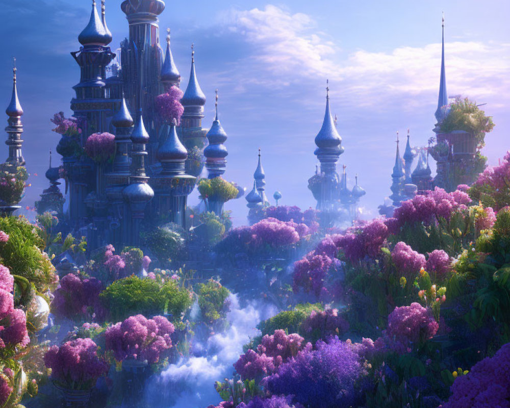 Fantastical landscape with majestic castle, purple flora, and magical mist.