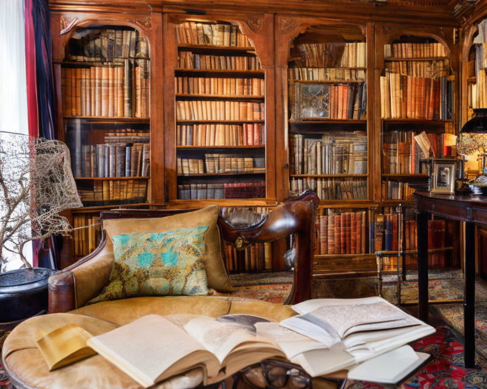 Vintage Library with Wooden Bookshelves, Open Book, Leather Armchair, and Warm Lighting