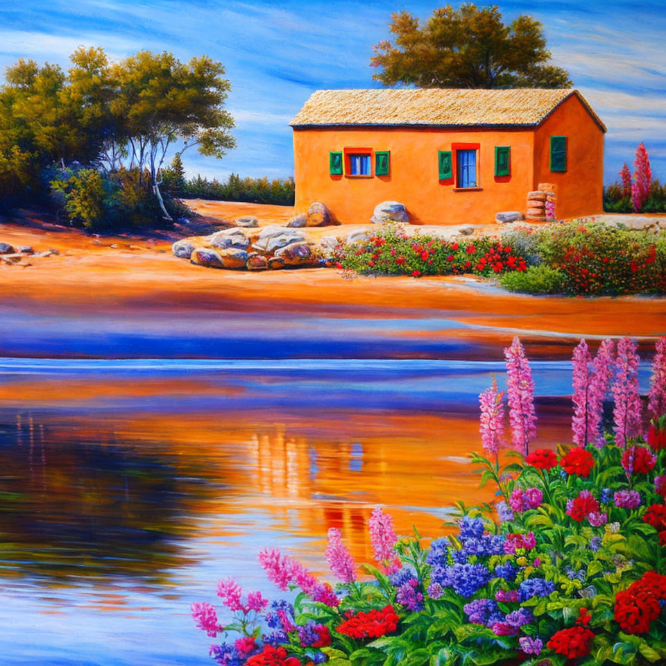 Colorful painting of rustic house with red windows, trees, water reflection, and flowers.