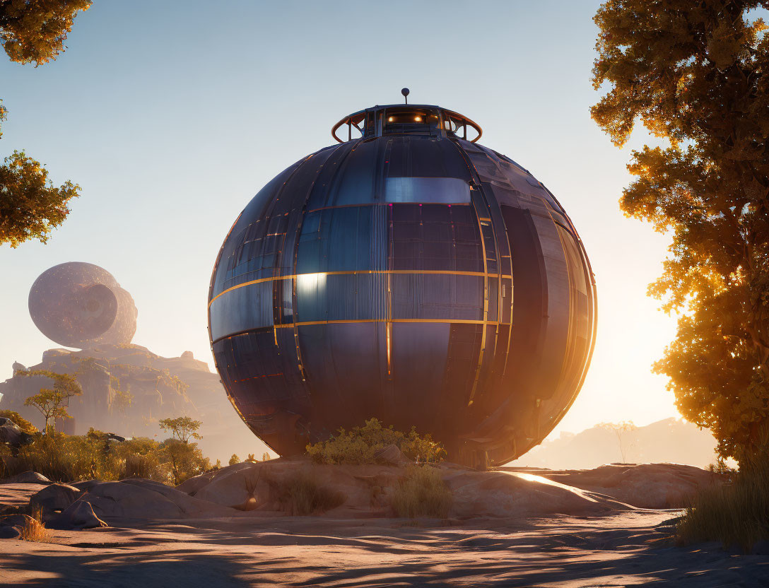 Futuristic spherical structure in desert landscape with trees and large planet on horizon