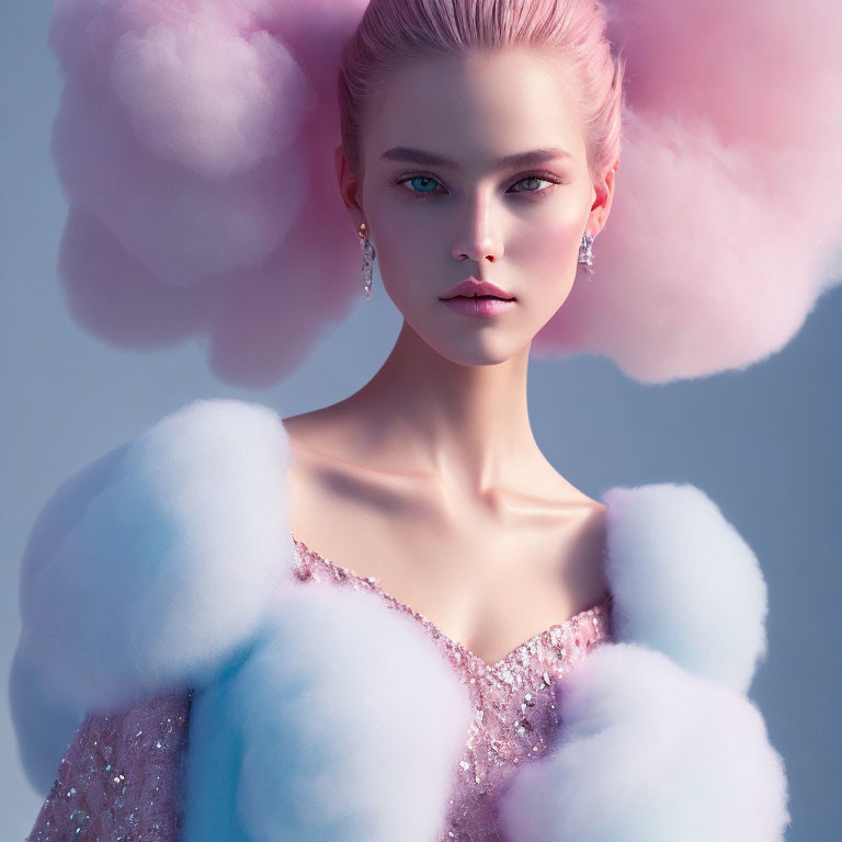 Woman in sequined dress with pink clouds and sparkling earrings