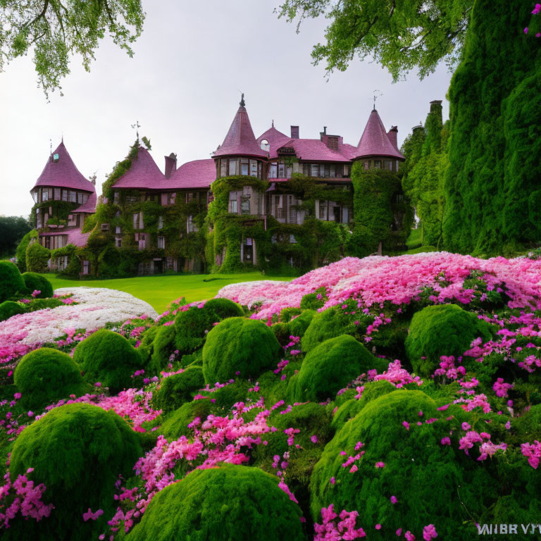 Stunning historic mansion with lush gardens and pink flowers