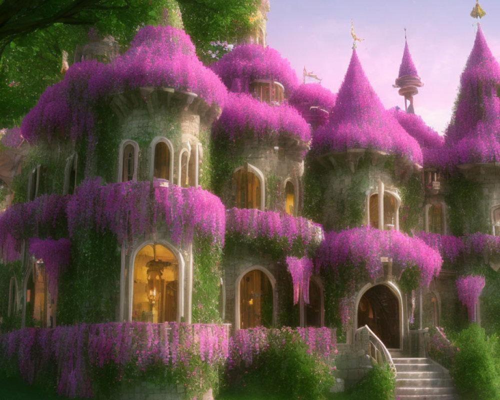 Stone castle draped in purple wisteria in sunlit forest