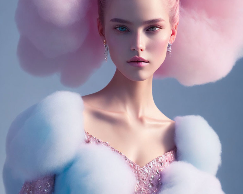 Woman in sequined dress with pink clouds and sparkling earrings