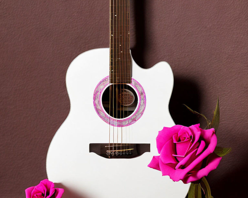 White Acoustic Guitar with Pink Decorative Patterning and Roses on Dark Background