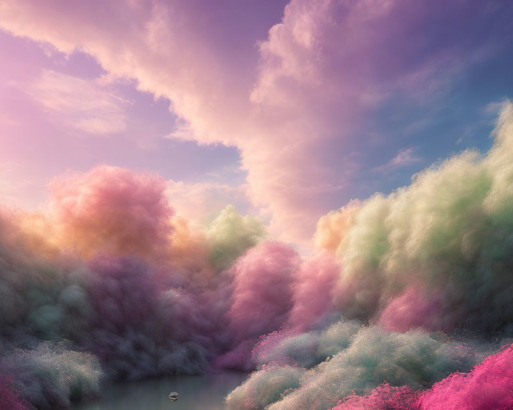 Vibrant surreal landscape with boat, fluffy clouds, and cotton candy trees