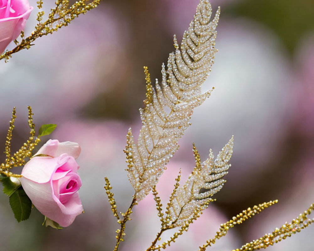 Delicate fern frond with water droplets among pink roses and foliage