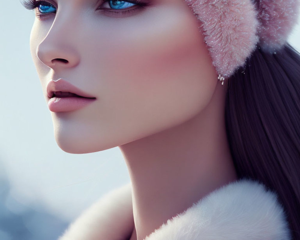 Blue-eyed woman in pink ear muffs against snowy background with serene expression