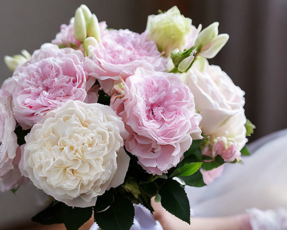 Pink and White Flower Bouquet Held by Person with Lace-Trimmed Sleeve