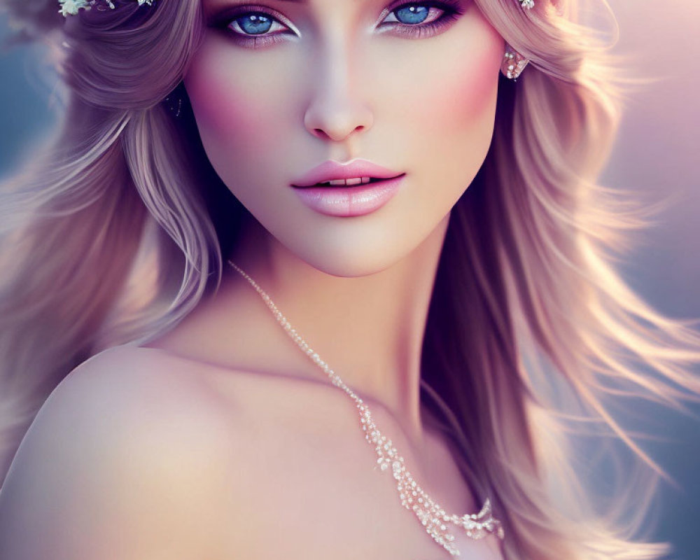 Detailed digital portrait of a woman with blonde hair and blue eyes.