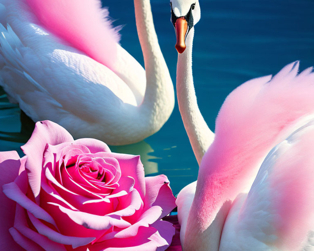 Swans in blue water with pink rose close-up.