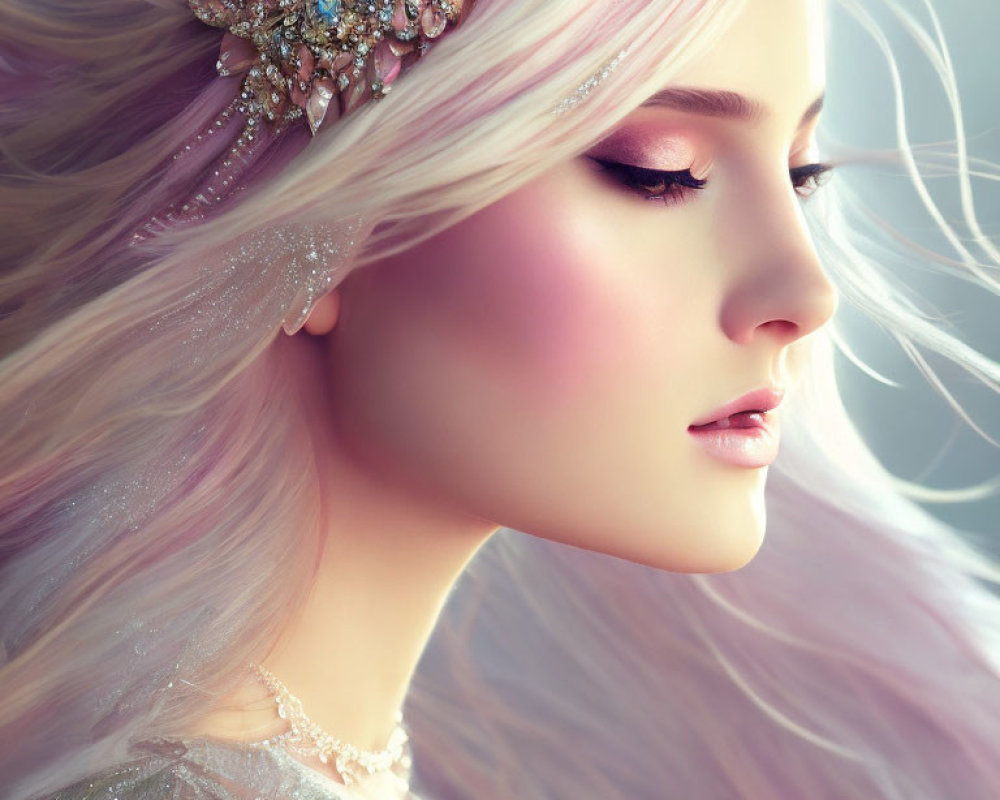 Ethereal fantasy portrait of a woman with pastel pink hair and glittering accessories