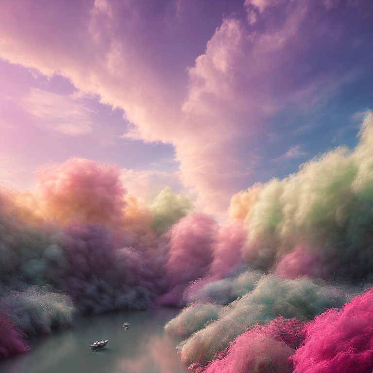 Vibrant surreal landscape with boat, fluffy clouds, and cotton candy trees