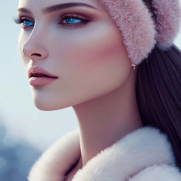 Blue-eyed woman in pink ear muffs against snowy background with serene expression