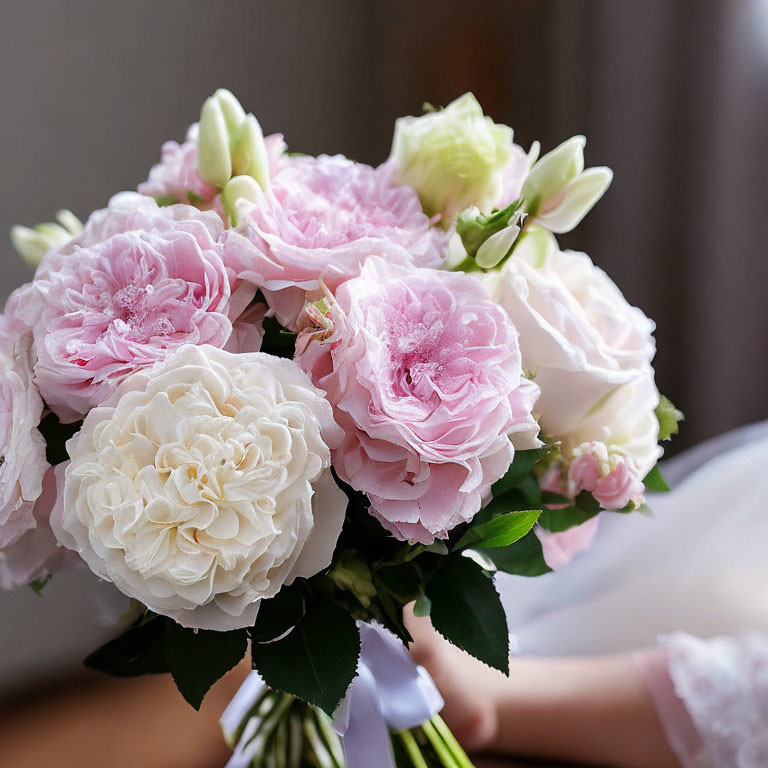 Pink and White Flower Bouquet Held by Person with Lace-Trimmed Sleeve