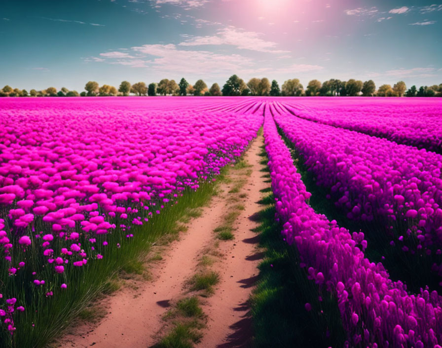 Lush Purple Tulip Field with Dirt Path and Clear Sky