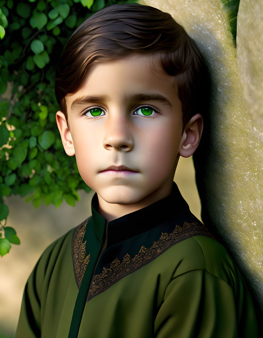 Young boy with green eyes and dark hair in traditional green outfit by tree