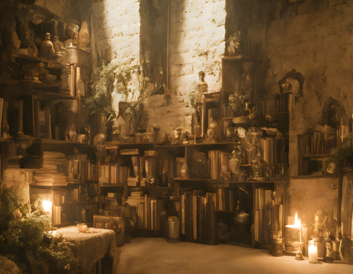 Rustic room with shelves of books, candles, pots, and mysterious objects