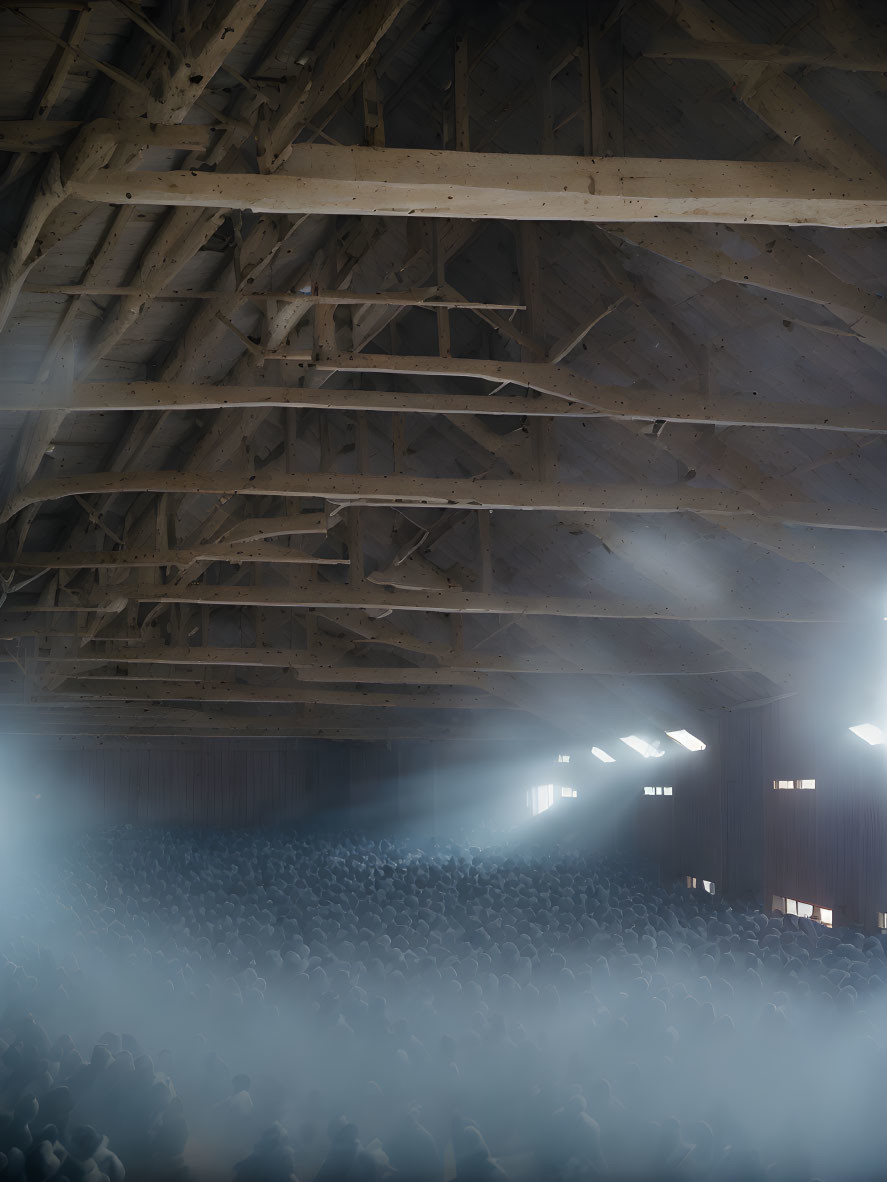 Sunlight beams through dusty air in wooden-beam barn, illuminating silhouetted figures.