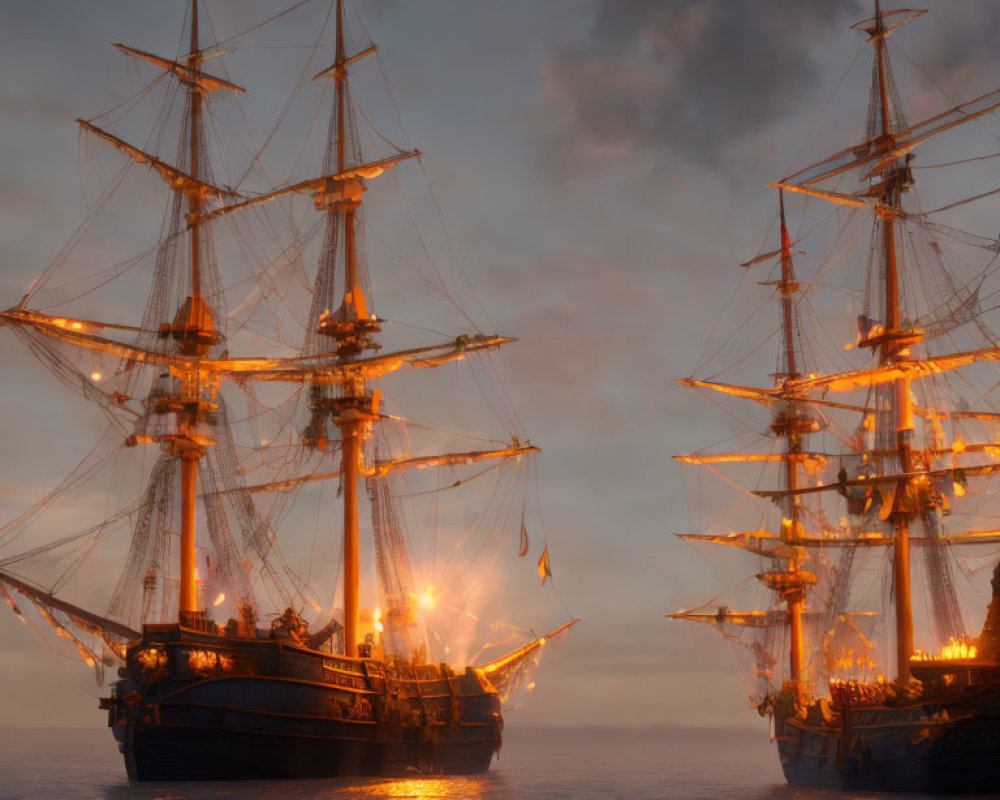 Old sailing ships with lit lanterns on calm sea at dusk