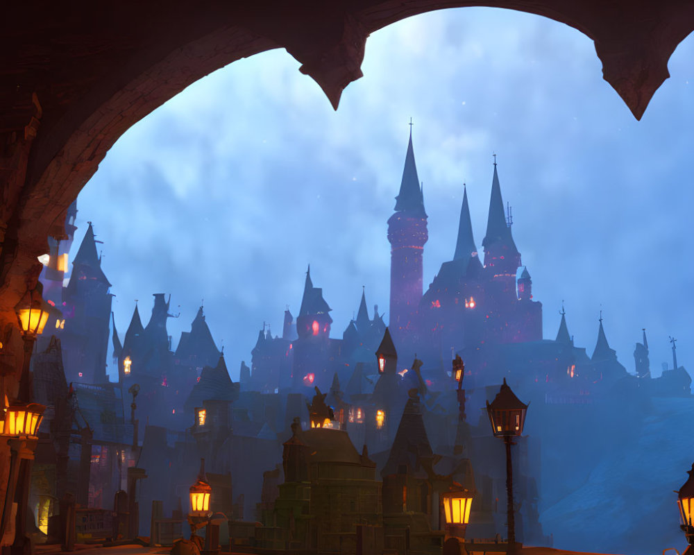 Medieval town at dusk with glowing lanterns and silhouetted spires.