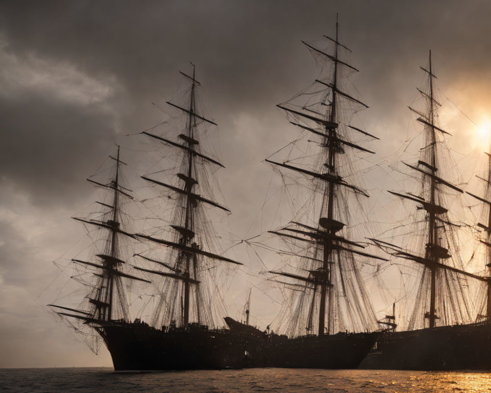 Tall ship with multiple masts sailing under dramatic sky