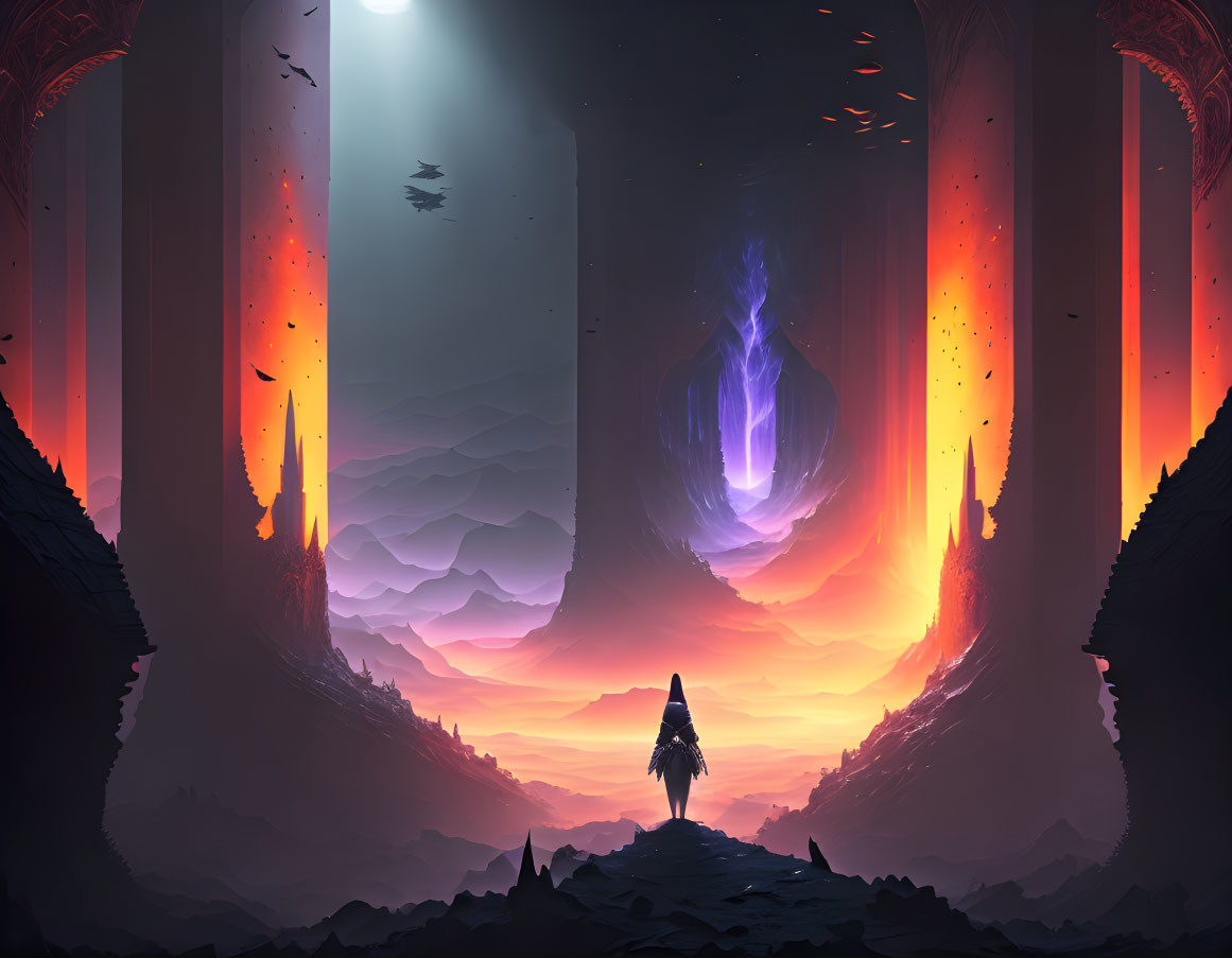 Figure in front of grand portal in surreal landscape with pillars, light, and debris.