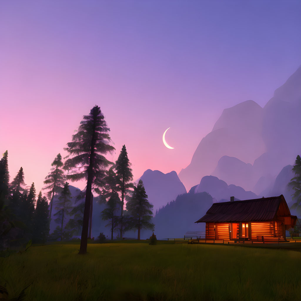 Twilight landscape with glowing log cabin, crescent moon, pine trees, mountains