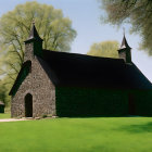 Stone Chapel with Twin Spires Surrounded by Trees under Clear Sky