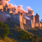 Stone castle with towers and battlements in clouds at sunrise.