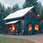 Snow-covered rustic blacksmith shop in forest with warm glowing fires and old metalworking tools