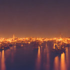 Nighttime Marina Scene: Boats, Lights, and Orange Sky