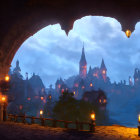 Medieval town at dusk with glowing lanterns and silhouetted spires.