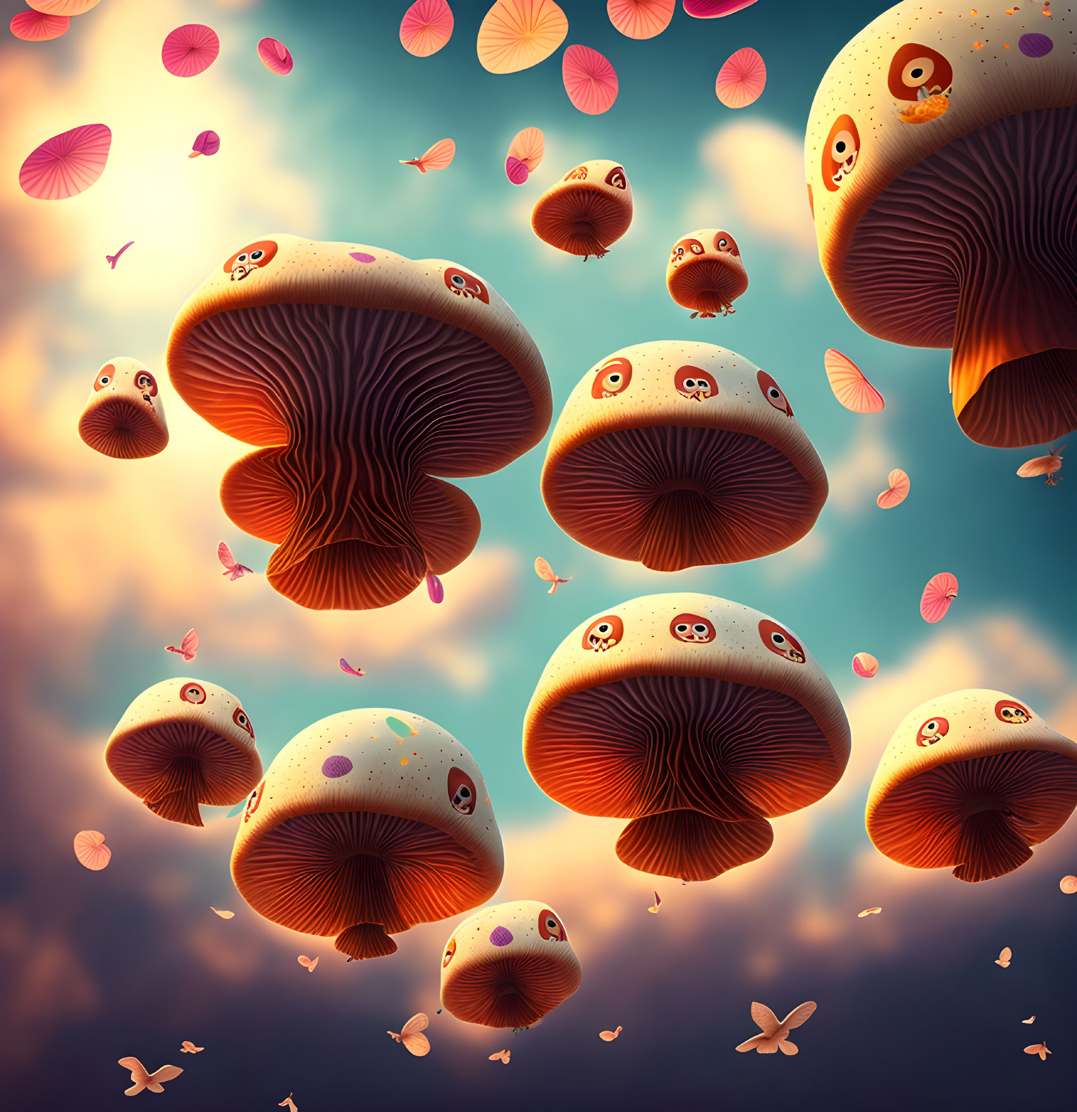 Surreal artwork: floating mushroom creatures, smiling faces, amber sky, leaves, butterflies