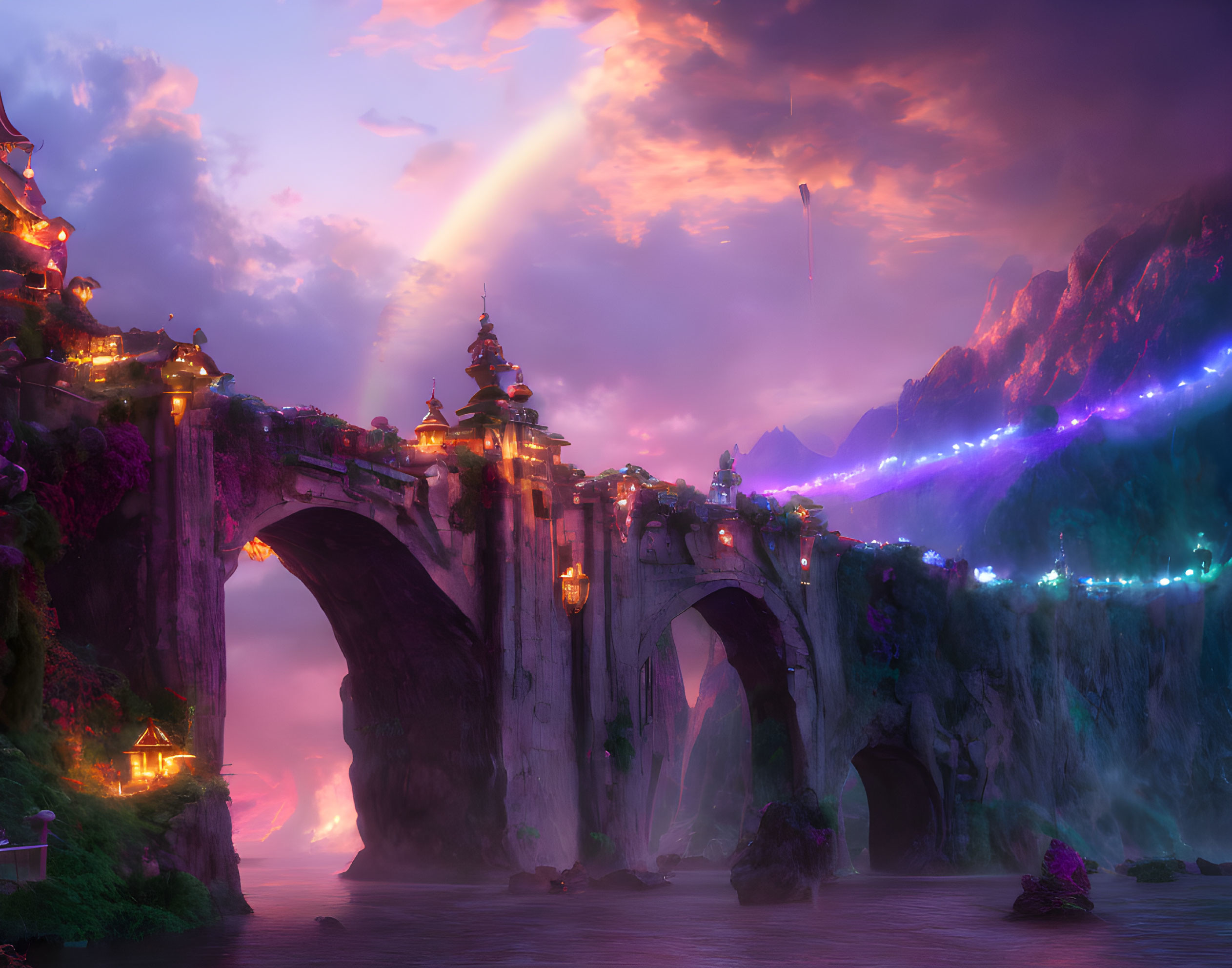 Fantasy landscape with ornate bridge, waterfall, rainbow, illuminated buildings, lanterns, twilight sky