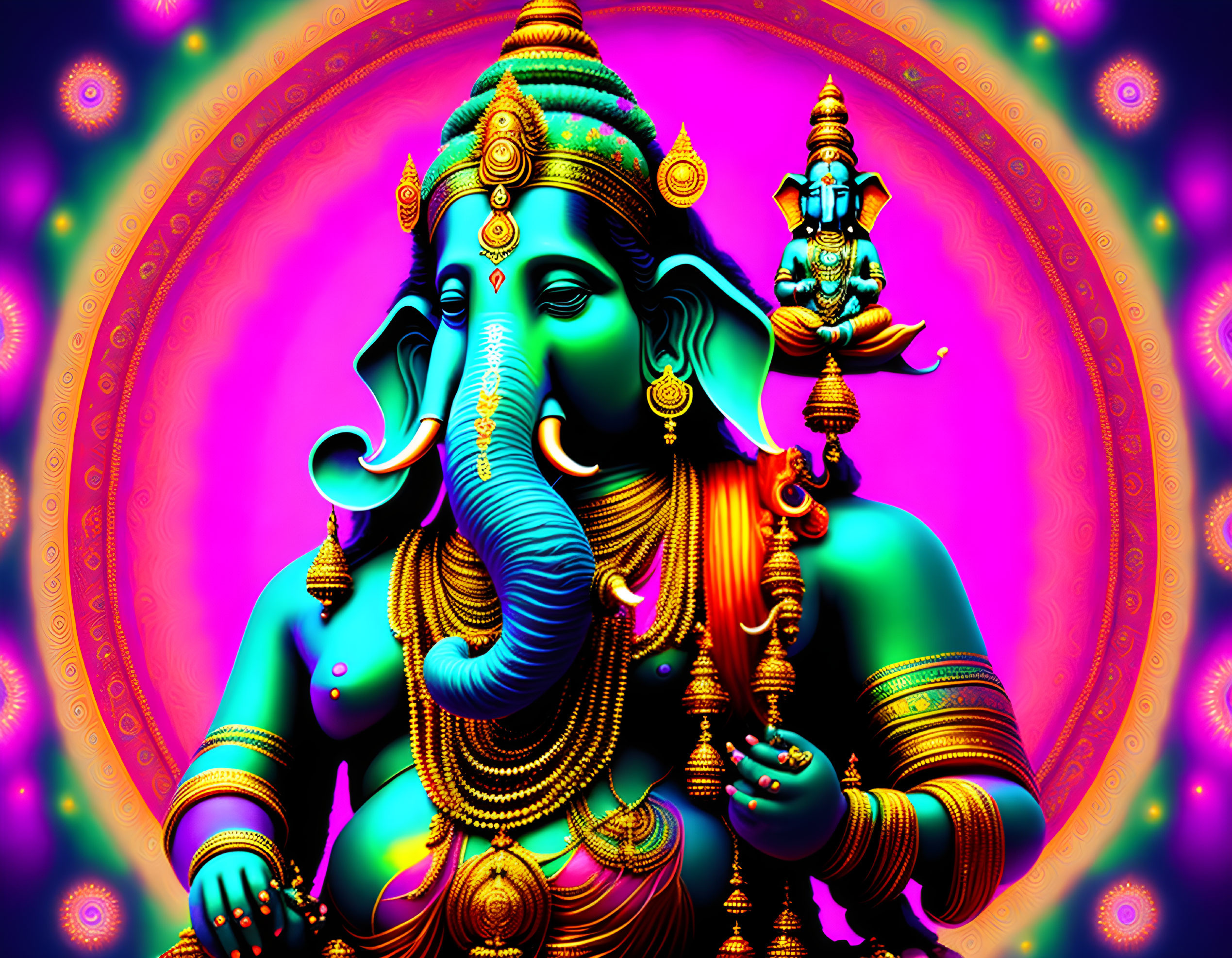 Colorful Lord Ganesha Illustration with Detailed Headdress and Trident