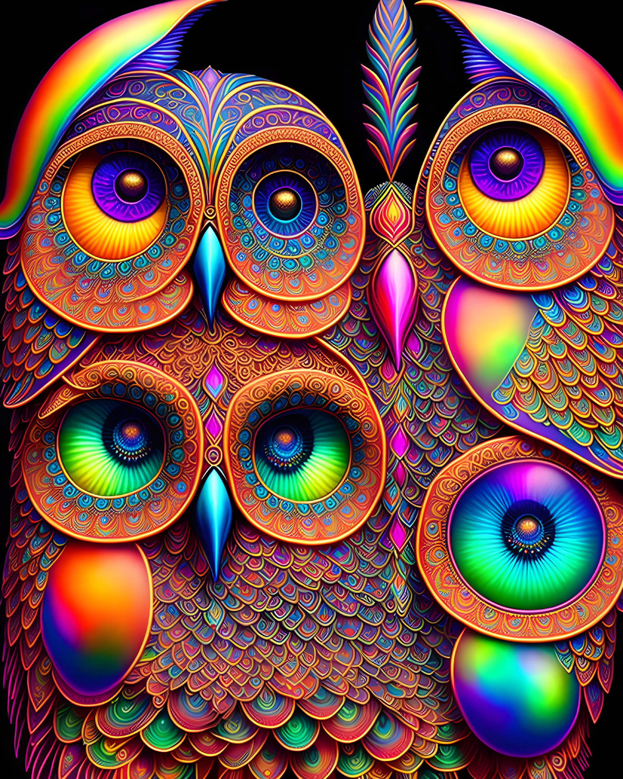 Colorful Psychedelic Owl Illustration with Large Eyes and Detailed Patterns