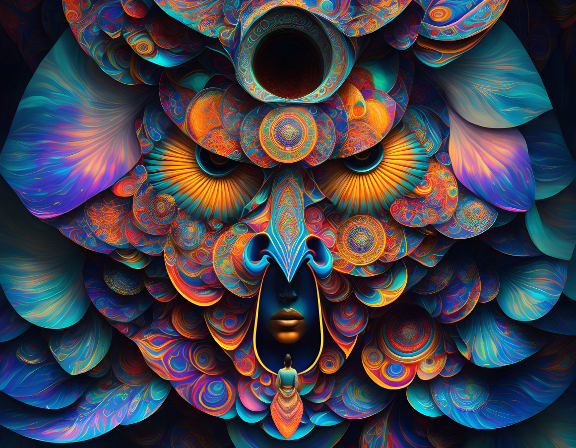 Symmetrical abstract face with vibrant fractal patterns